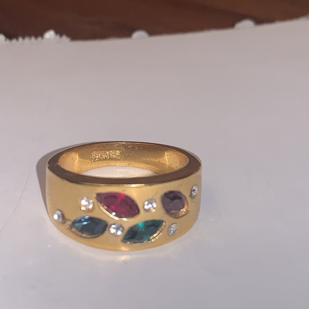 Vtg Size 7 Ring Rhinestones Fashion Jewelry 18KGE Gold Electroplate Wide Band